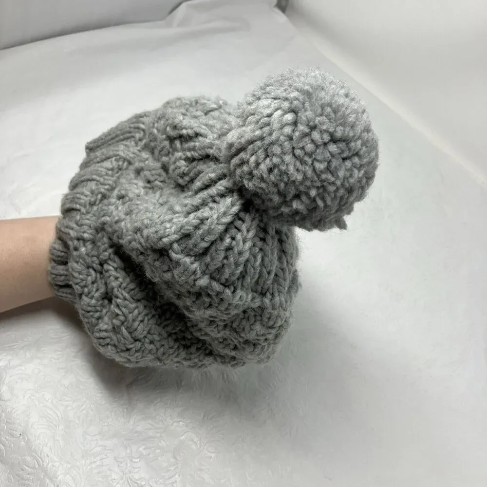 Wool Blend Beanie Hat Pom Knit Ski Hat Cuff Gray Yutro Poland Vintage